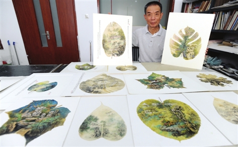苏州高级工艺美术师庞彦德创作《苏州园林》系列树叶画