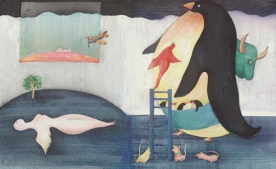 《企鹅与小伙伴》41.5x67cm水彩1997