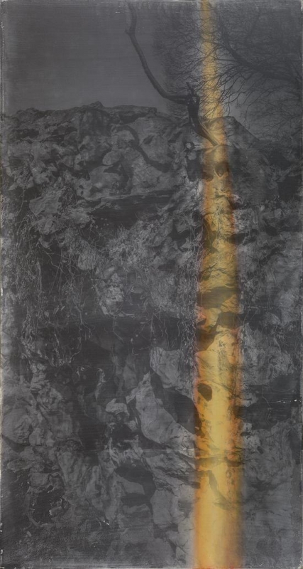 Leaked Light I《漏光》之一摄影+银盐感光乳剂在绢缎上+照相油色绘画-63x118-2015